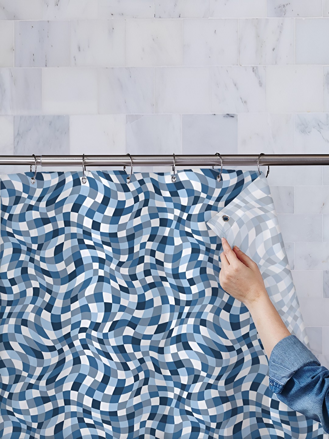 

ArtzFolio Blue-White & Grey Printed Waterproof Shower Curtain