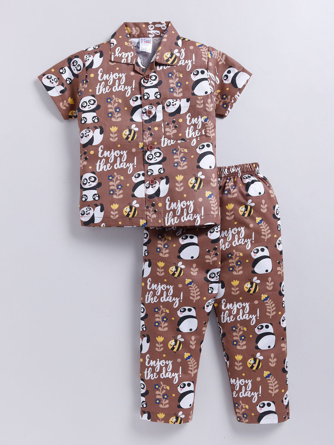 

NAUTI KIDZ Boys Pure Cotton Shirt Collar Printed Night Suit, Brown