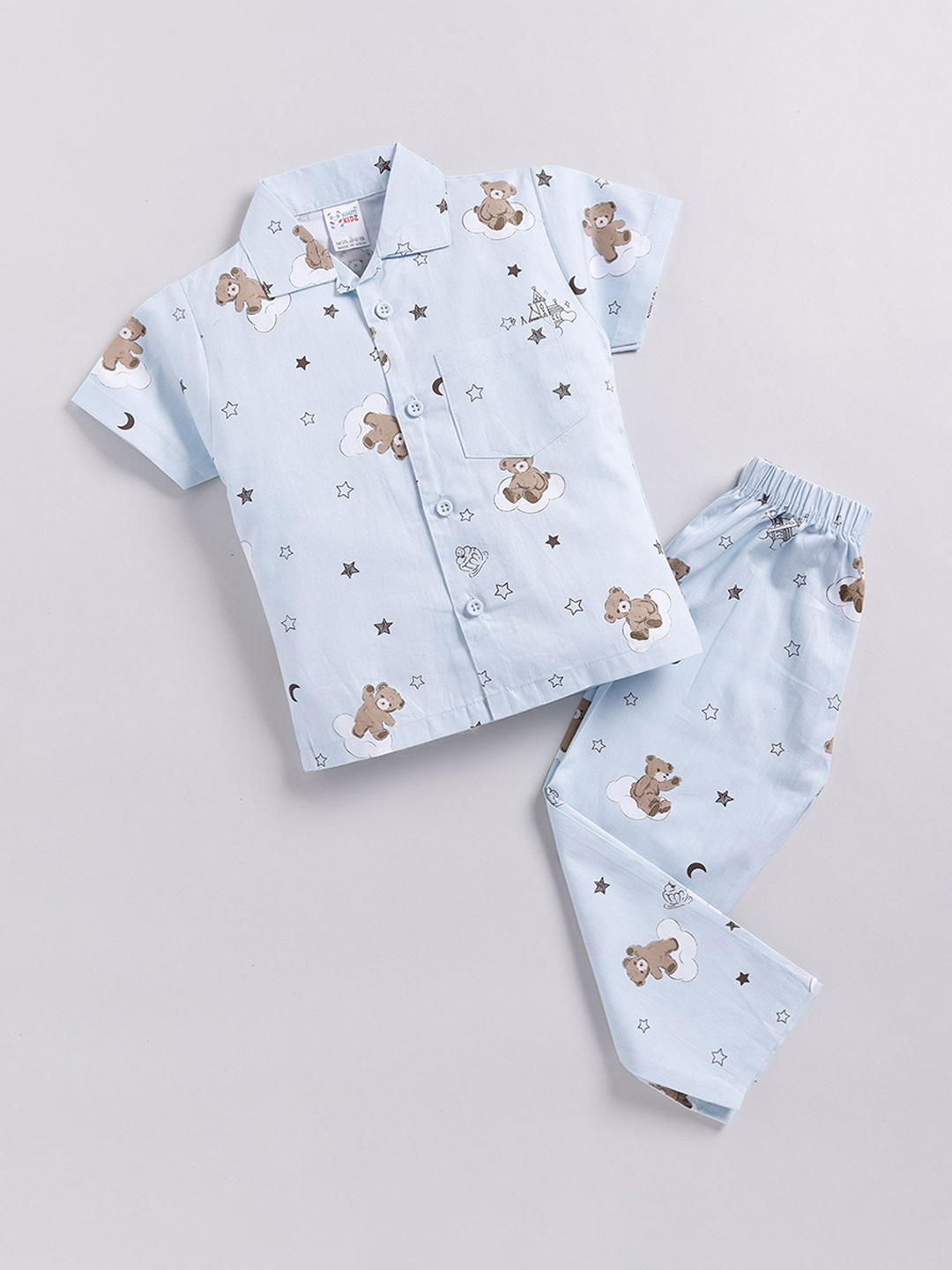 

NAUTI KIDZ Boys Printed Shirt Collar Half Sleeves Pure Cotton Night suit, Blue