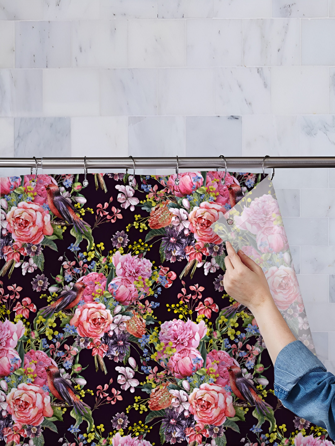 

ArtzFolio Black & Pink Printed Waterproof Shower Curtain