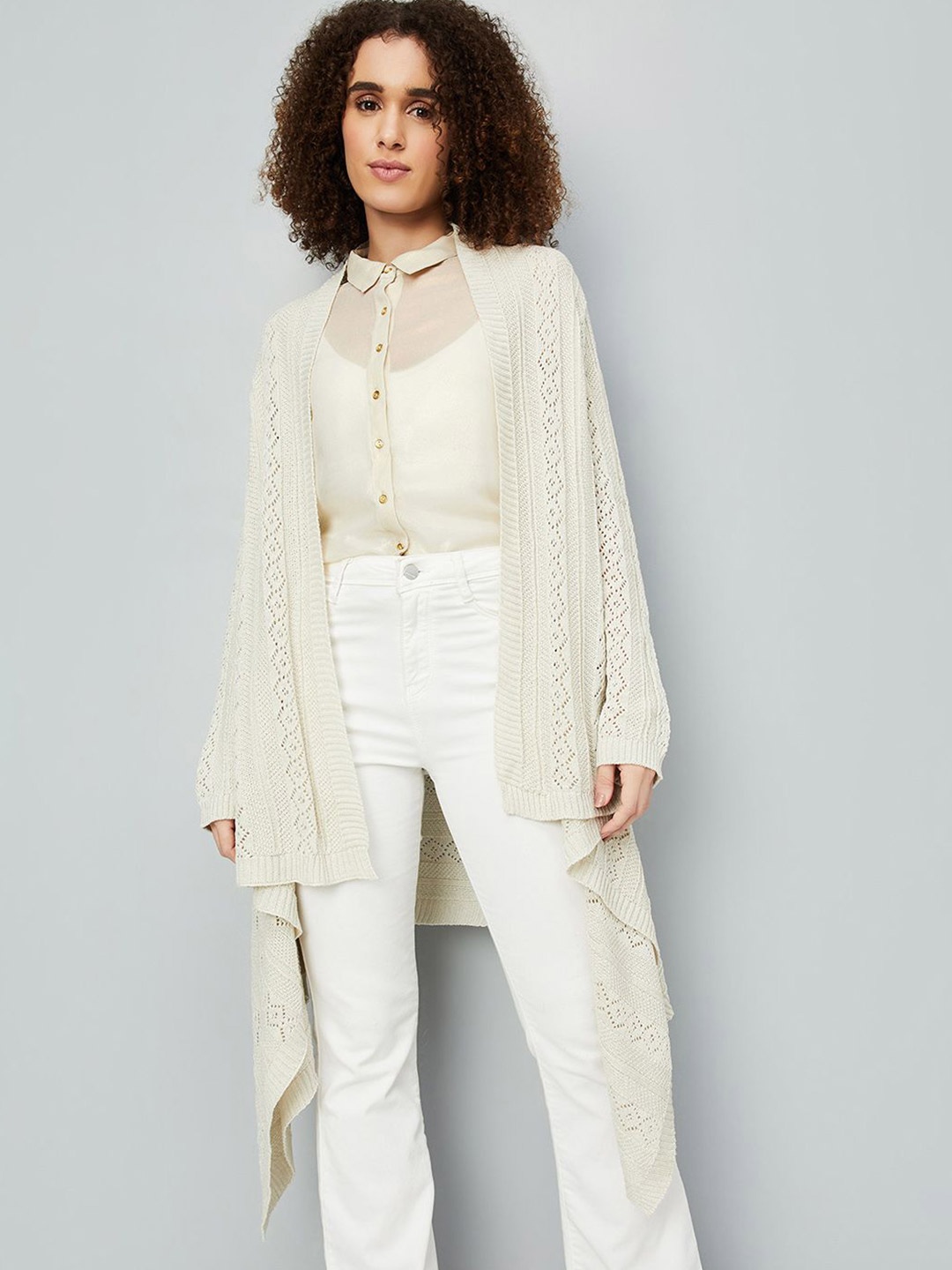 

max Self Design Longline Front-Open Sweater, Off white