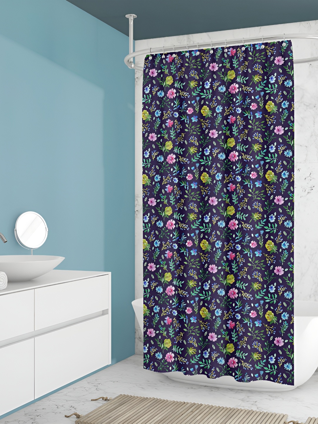 

ArtzFolio Navy Blue, Green & Pink Printed Waterproof Shower Curtain