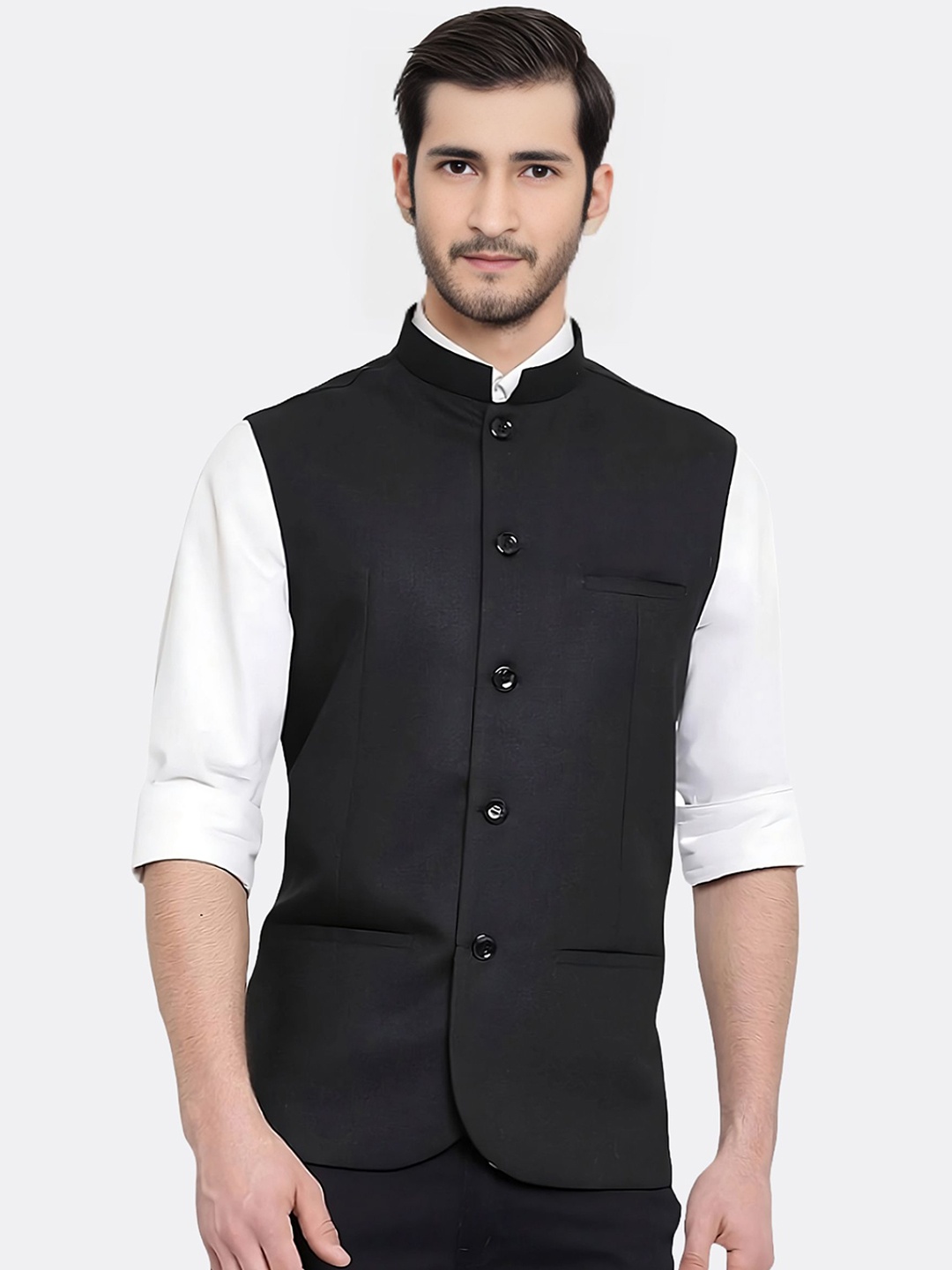 

BAESD Mandarin Collar Satin Nehru Jacket, Black