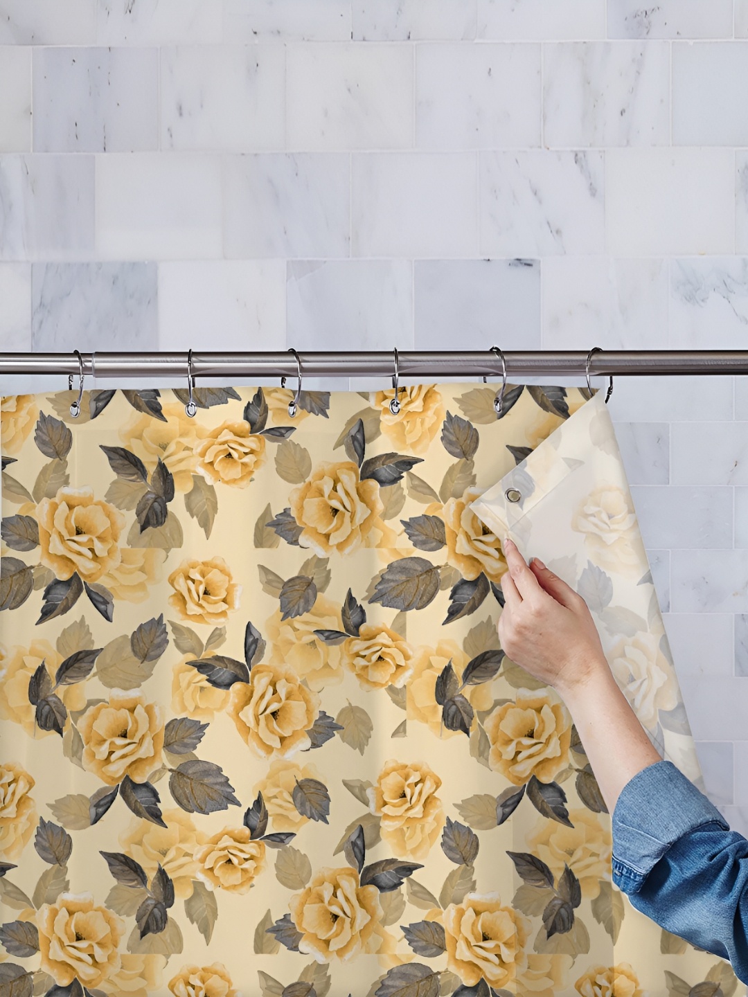 

ArtzFolio Yellow & Grey Printed Waterproof Shower Curtain