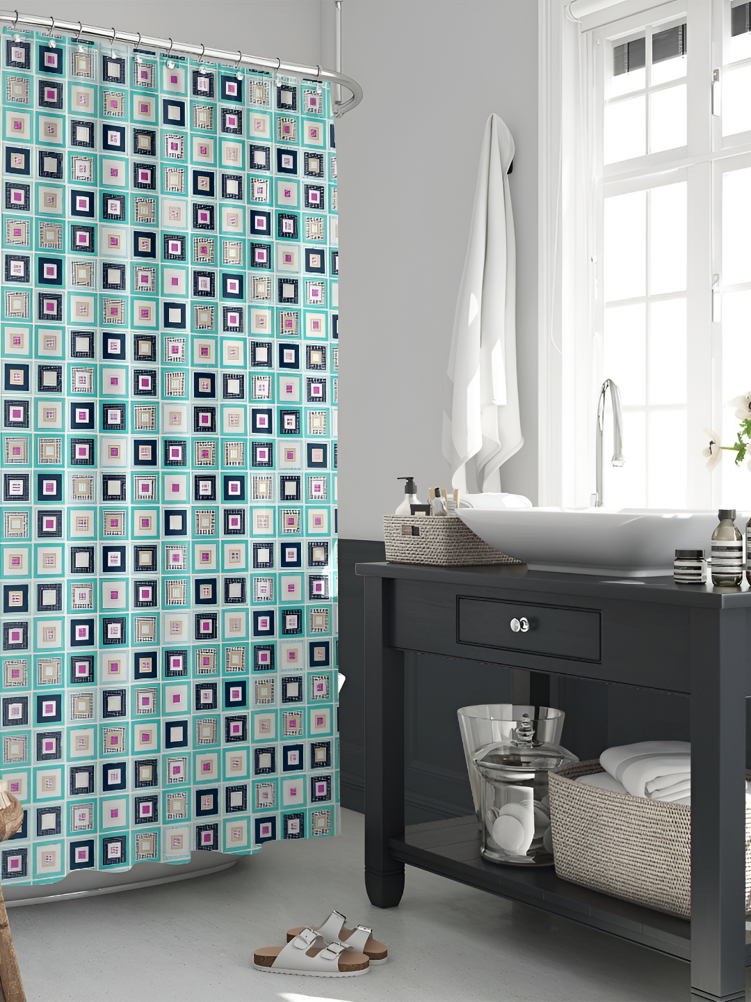 

ArtzFolio Blue, Black & White Printed Waterproof Shower Curtain