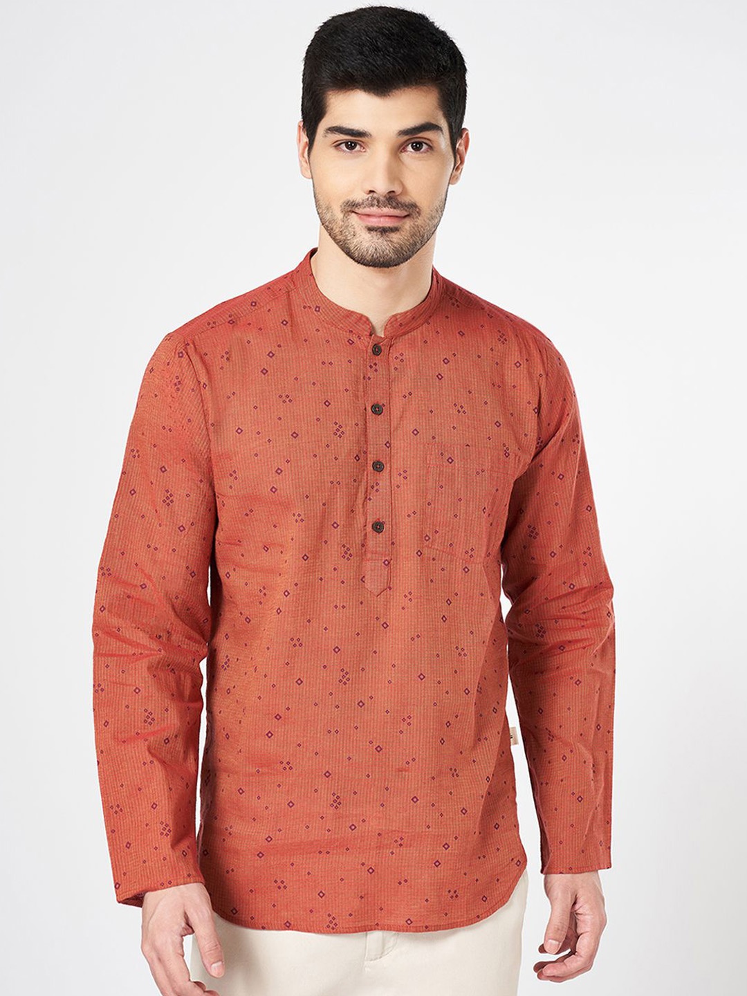 

indus route by Pantaloons Geometric Printed Mandarin Collar Long Sleeves Cotton Kurta, Orange