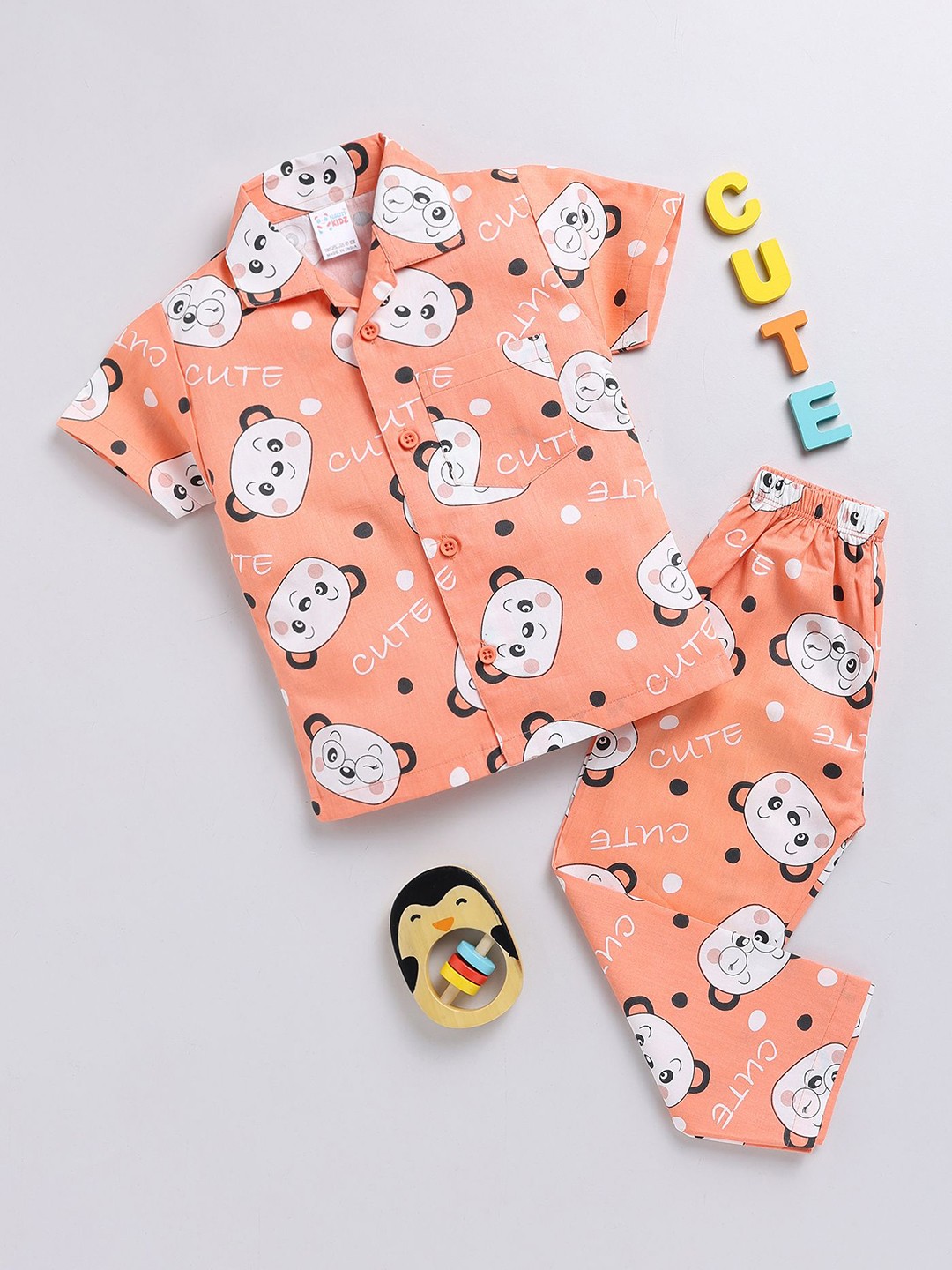

NAUTI KIDZ Boys Printed Pure Cotton Shirt Collar Night suit, Peach