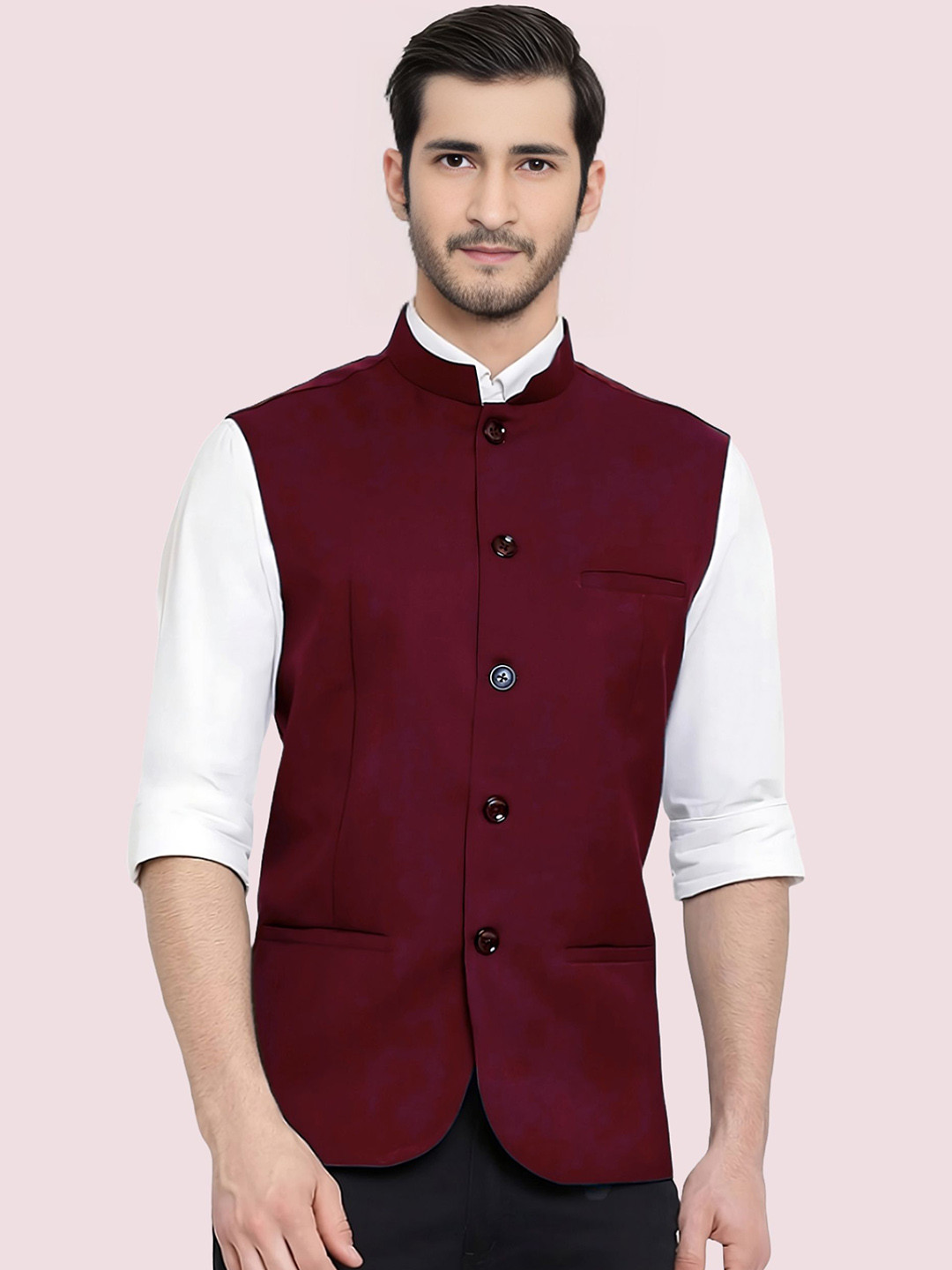

BAESD Mandarin Collar Satin Nehru Jacket, Maroon