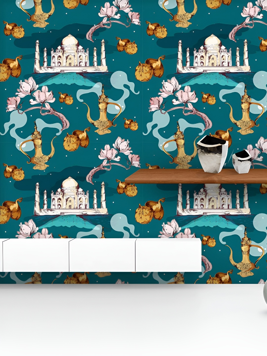 

ArtzFolio Printed UV-Resistant Anti-Bacterial Taj Mahal And Antique Pot Peel & Stick Wallpaper, Multi