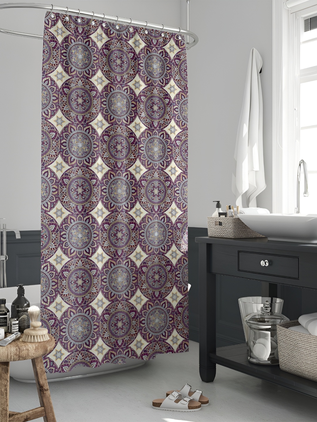 

ArtzFolio Cream Colored & Maroon Ethnic Motifs Printed Waterproof Shower Curtain