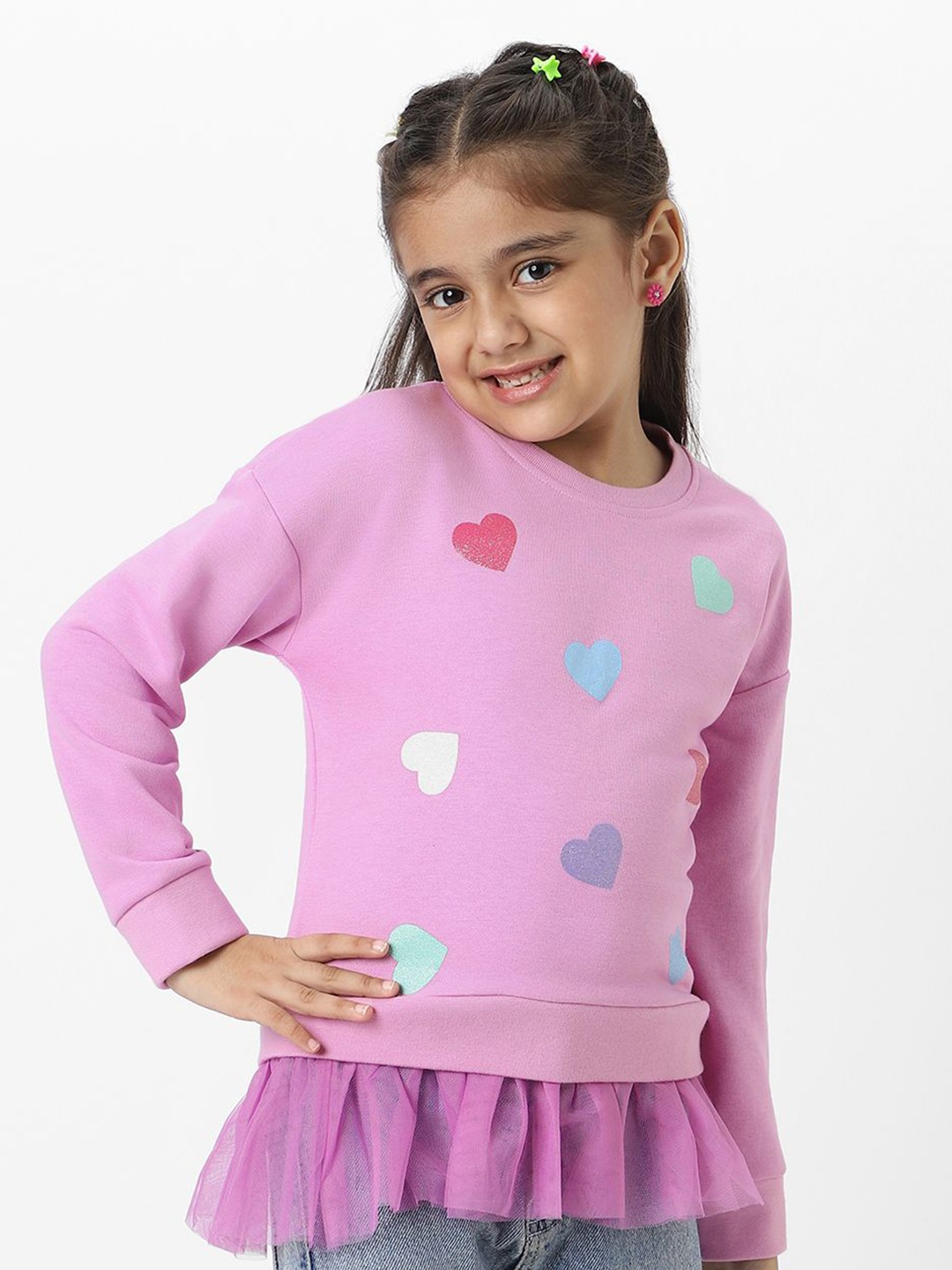 

Nauti Nati Girls Heart Printed Round Neck Full Sleeves Sweatshirt, Lavender