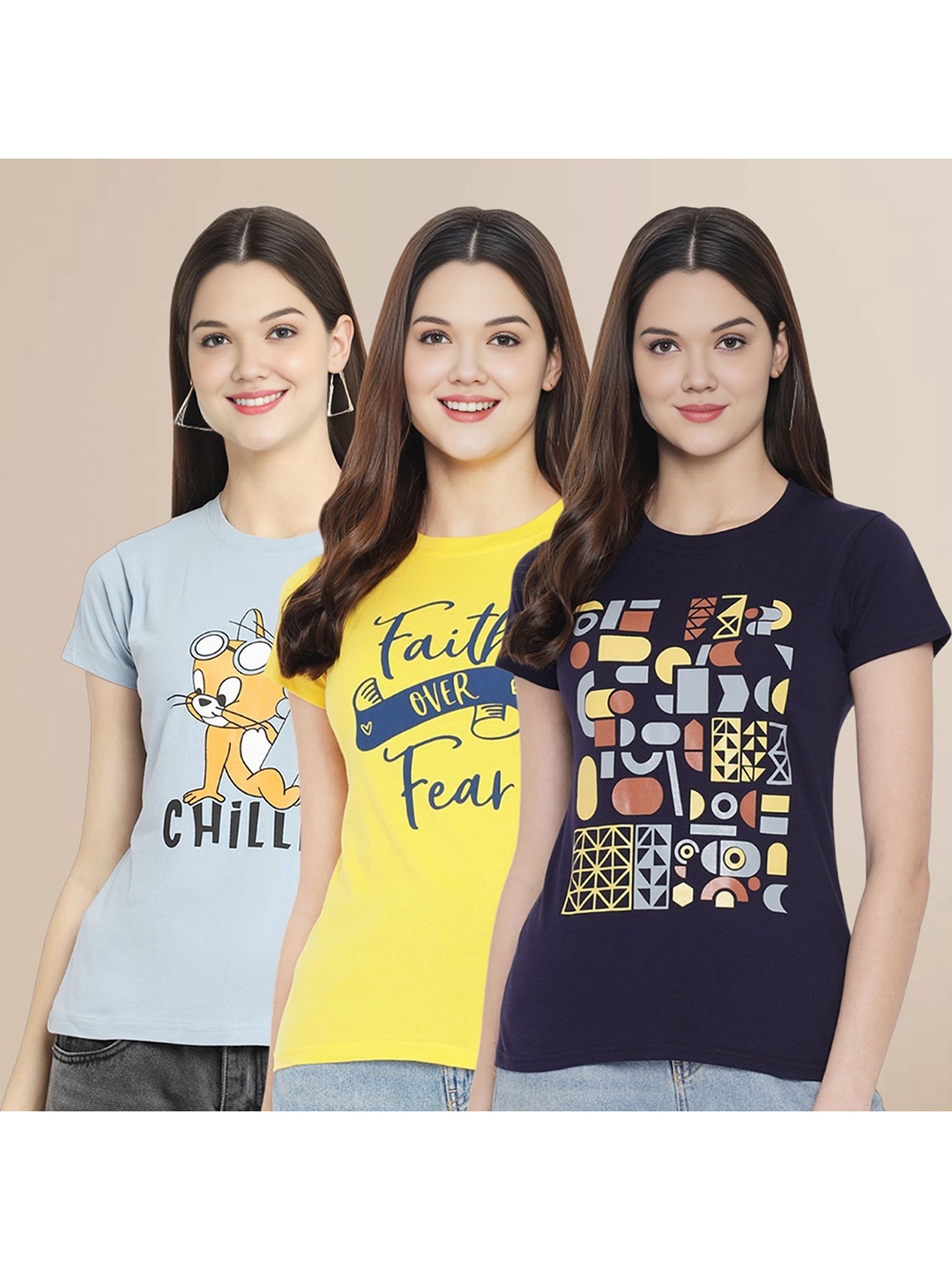 

Metronaut Women Pack Of 3 Graphic Printed Round Neck Cotton Tom & Jerry T-shirts, Blue