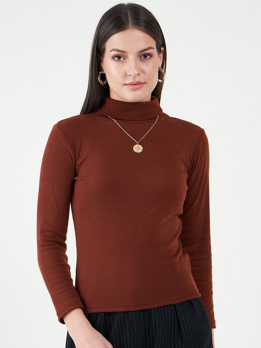 

Bitterlime Women High Neck Long Sleeves Cotton Top, Maroon