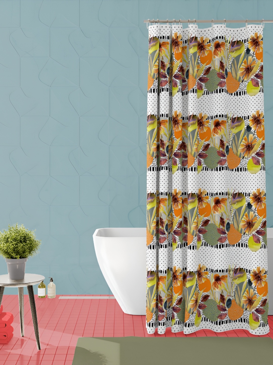 

ArtzFolio White & Orange-Coloured Printed Waterproof Shower Curtain