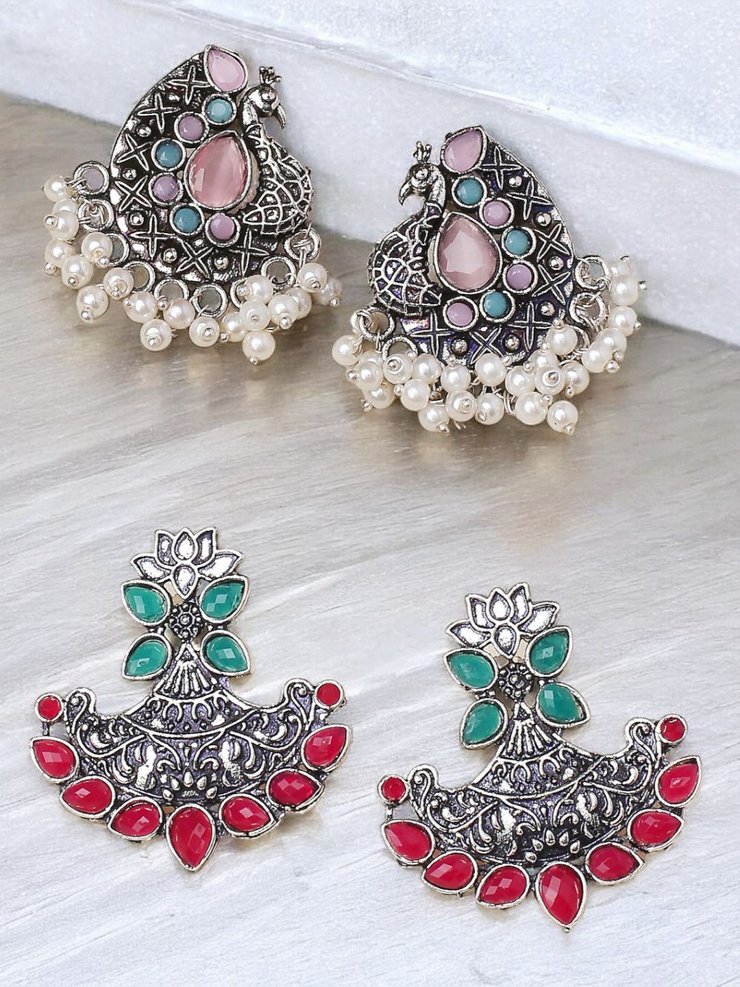 

OOMPH Set Of 2 Floral Oxidised Stone Studded & Beaded Drop Earrings, Silver