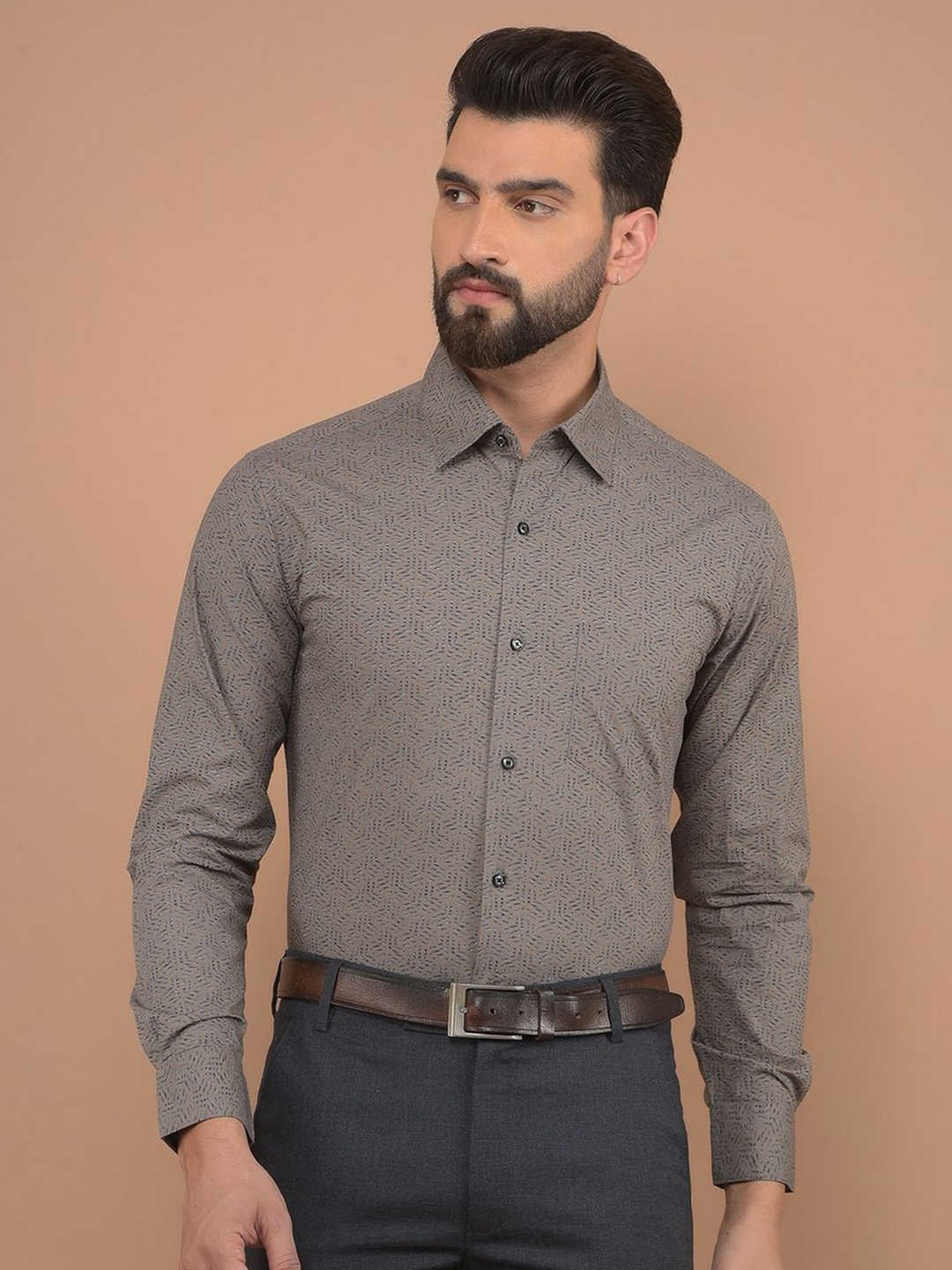 

Canary London Men Smart Spread Collar Geometric Printed Satin Slim Fit Formal Shirt, Grey