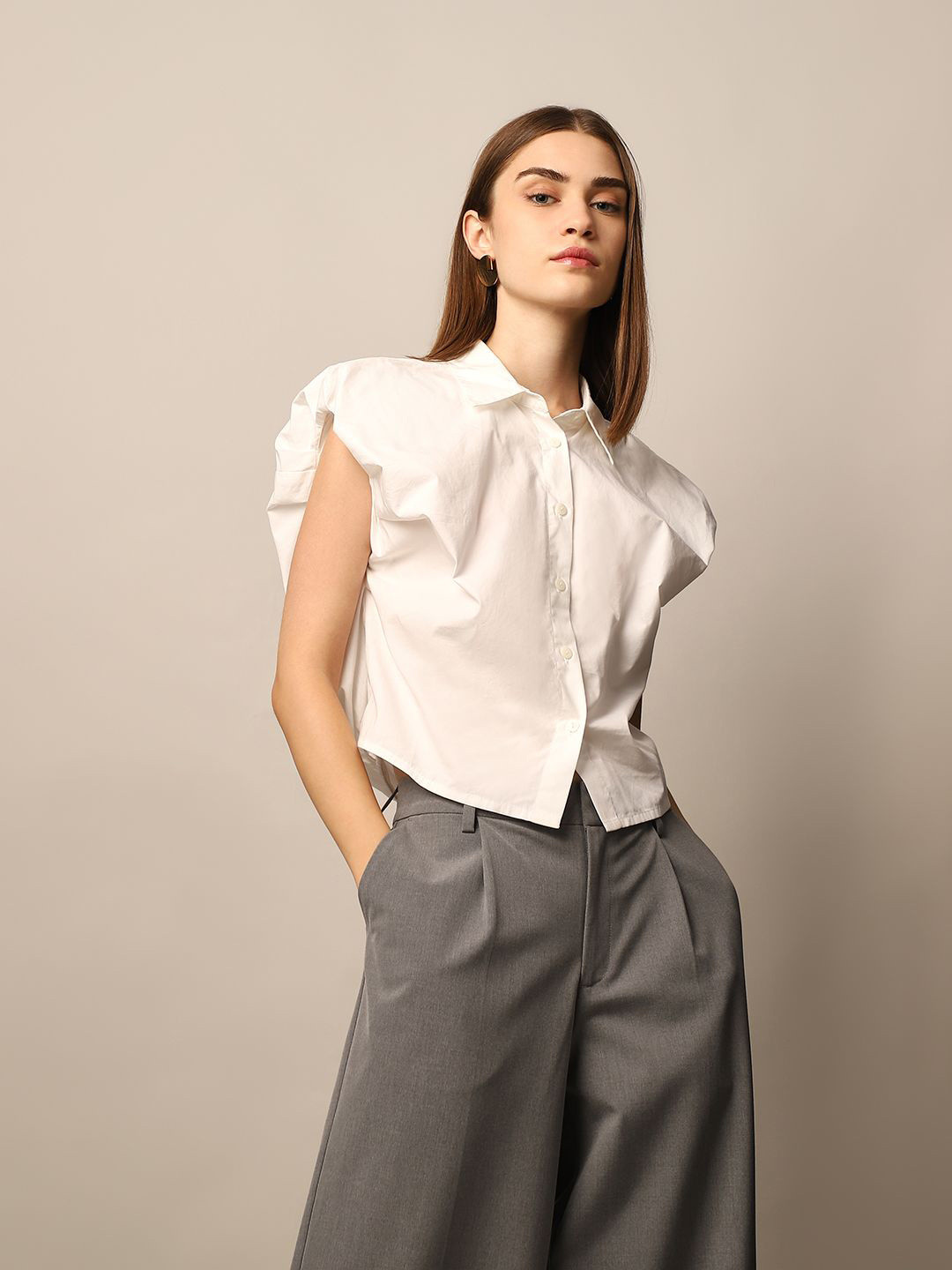 

ONLY Women Spread Collar Solid Cotton Casual Shirt, White