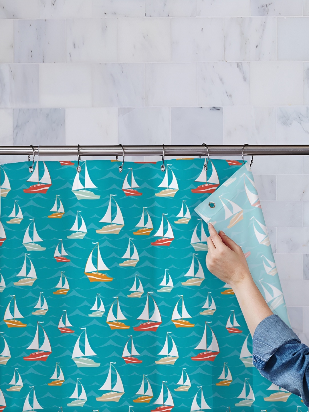 

ArtzFolio Blue & White Printed Waterproof Shower Curtain