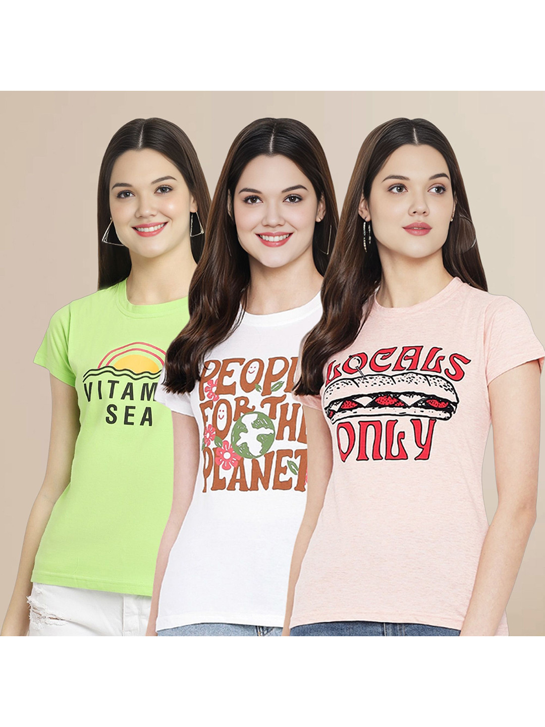 

Metronaut Women Pack Of 3 Typography Printed Round Neck Cotton T-shirts, Green