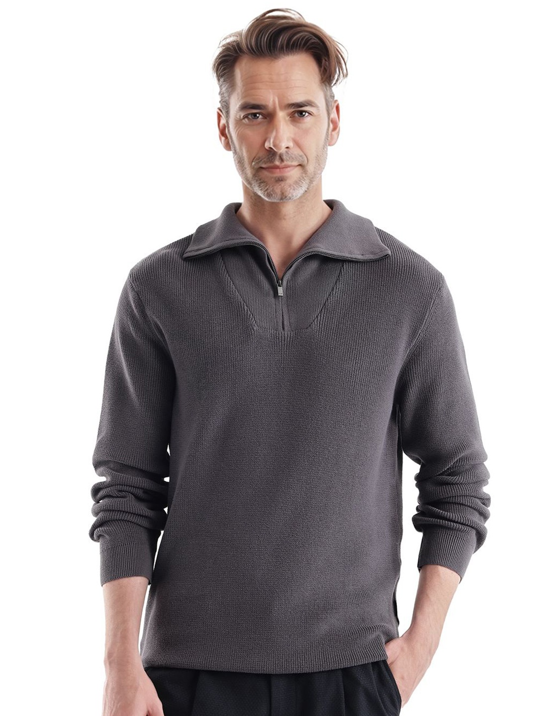 

RARE RABBIT Men Half Zipper Cotton Pullover, Grey