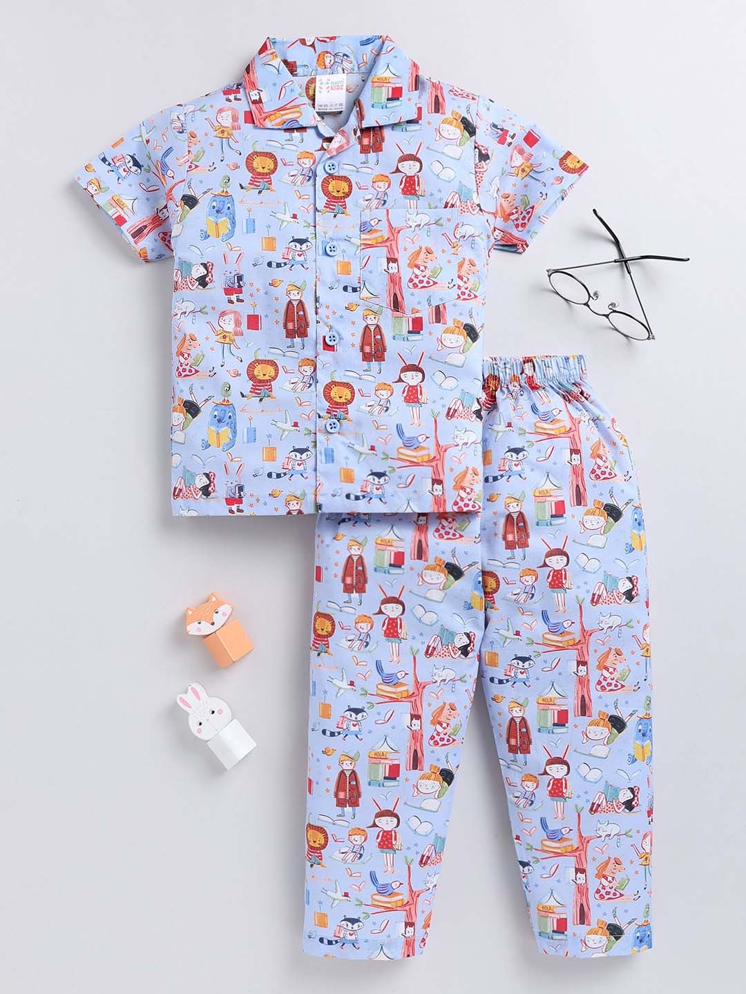 

NAUTI KIDZ Boys Printed Lapel Collar Pure Cotton Night Suit, Blue