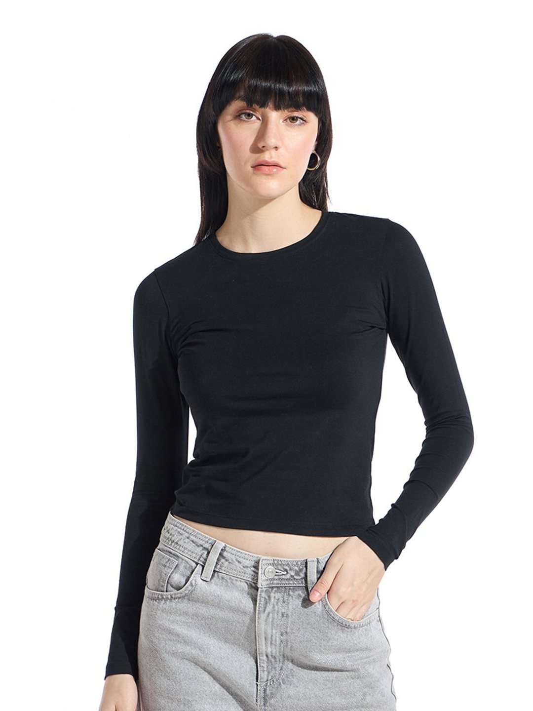 

Bewakoof Women Round Neck Slim Fit Top, Black