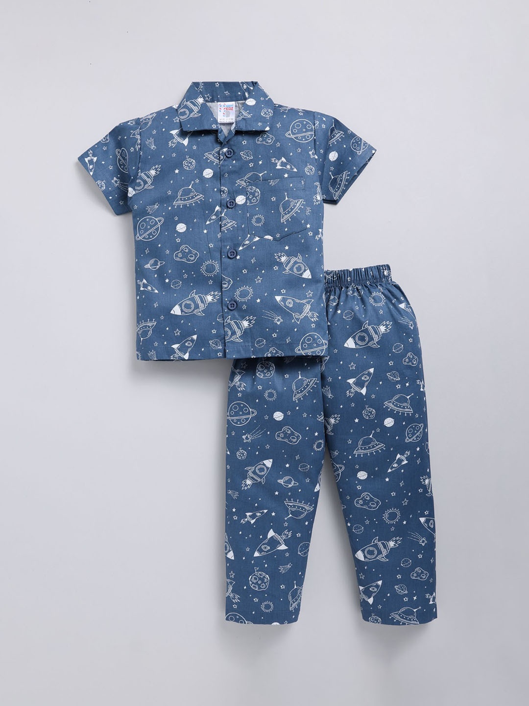 

NAUTI KIDZ Boys Pure Cotton Shirt Collar Short Sleeves Printed Night Suit, Blue