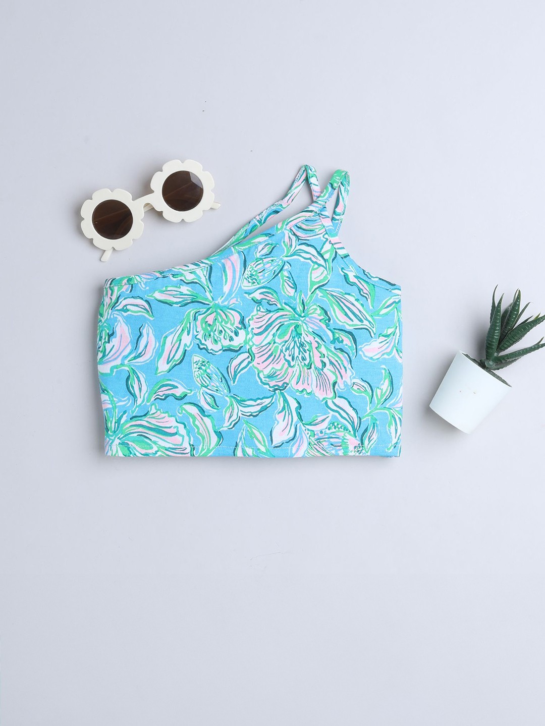 

taffykids Girls Floral Printed Cotton Crop Top, Blue