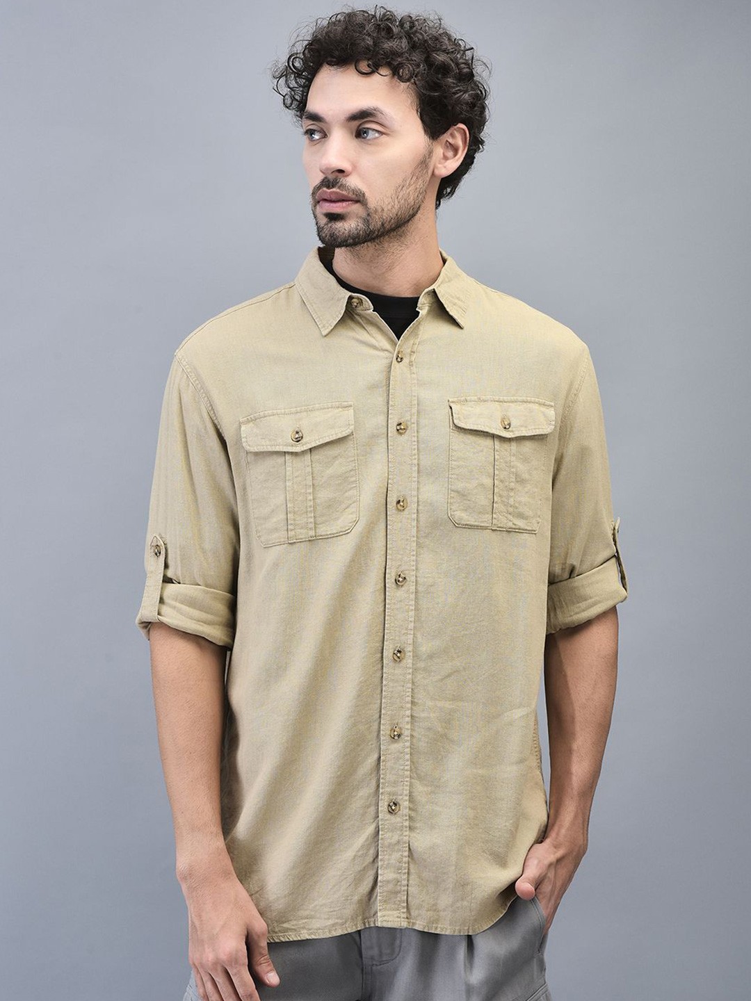 

Woodland Men Spread Collar Solid Casual Shirt, Beige