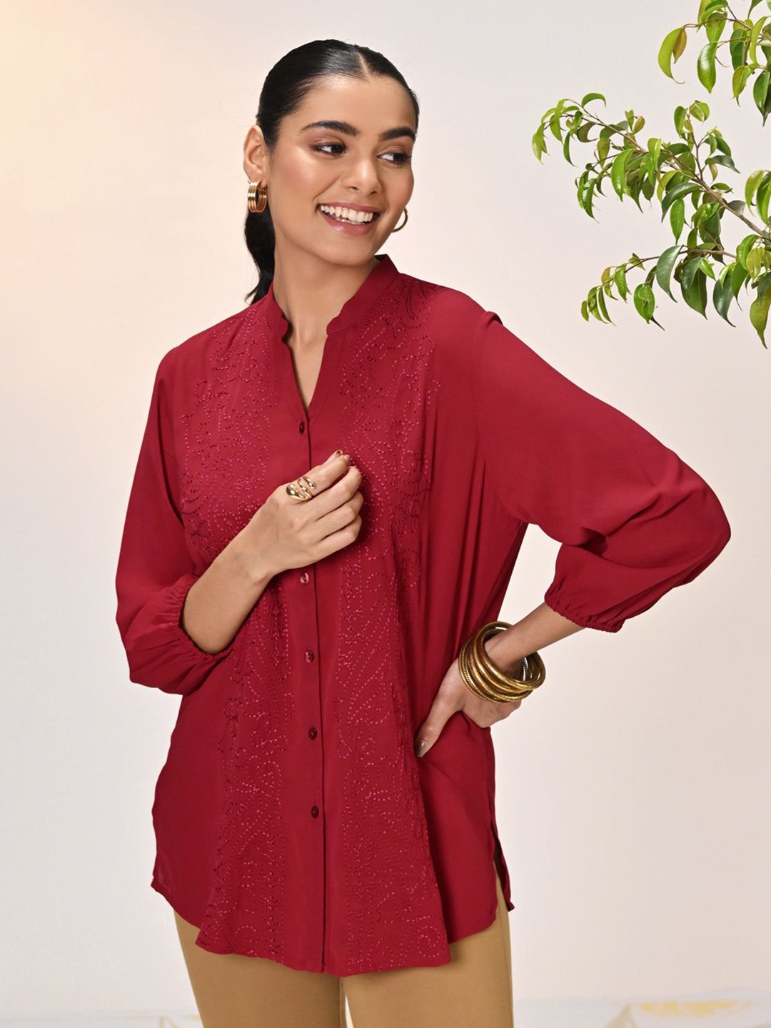 

Lakshita Women Classic Mandarin Collar Textured Casual Shirt, Red
