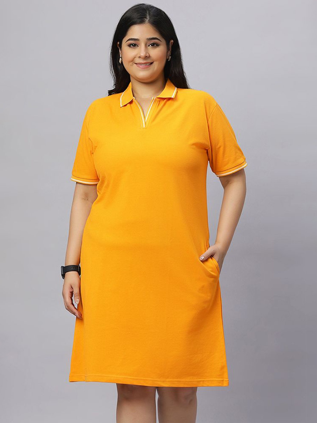 

Wear Your Opinion Women Cotton Plus Size Shirt Collar Tipped T-shirt Dress, Mustard