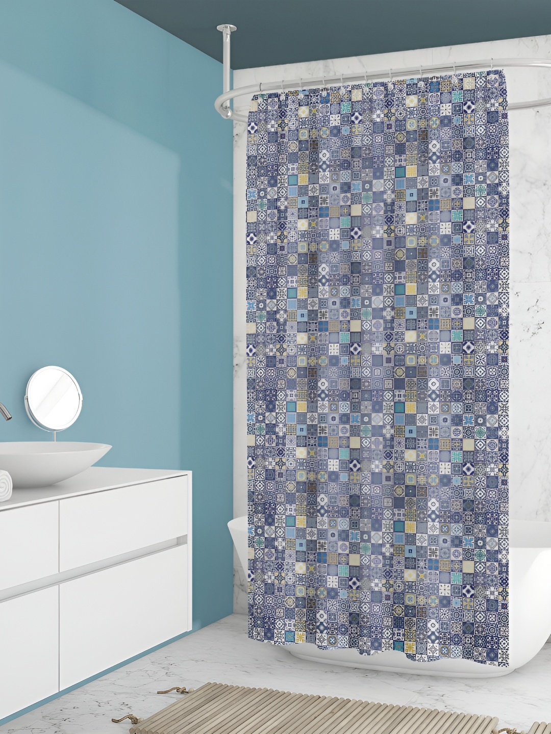 

ArtzFolio Blue & White Geometric Printed Waterproof Shower Curtain