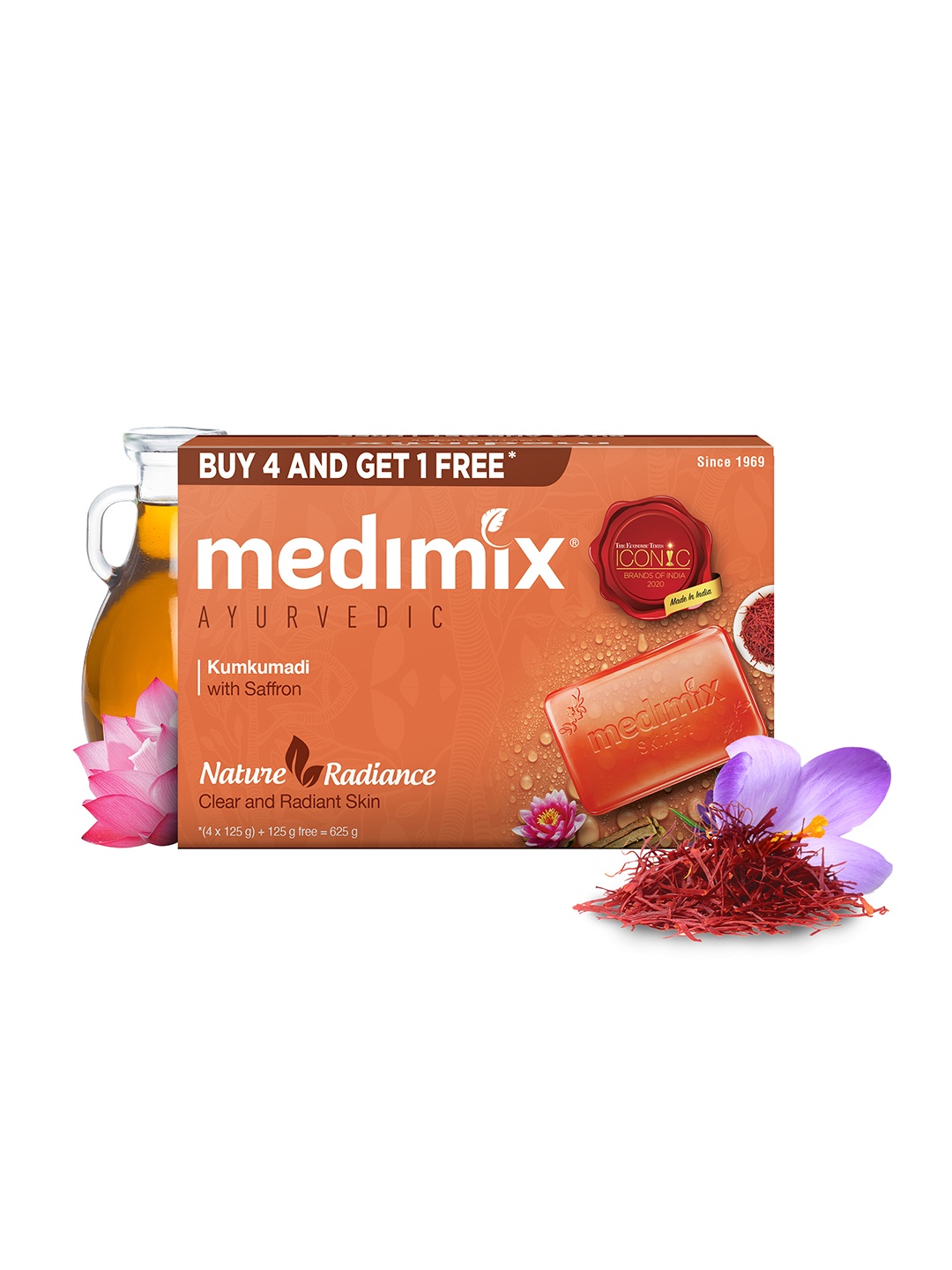 

medimix AYURVEDIC Set of 5 Kumkumadi Bathing Soap with Saffron - 125 g each, Orange