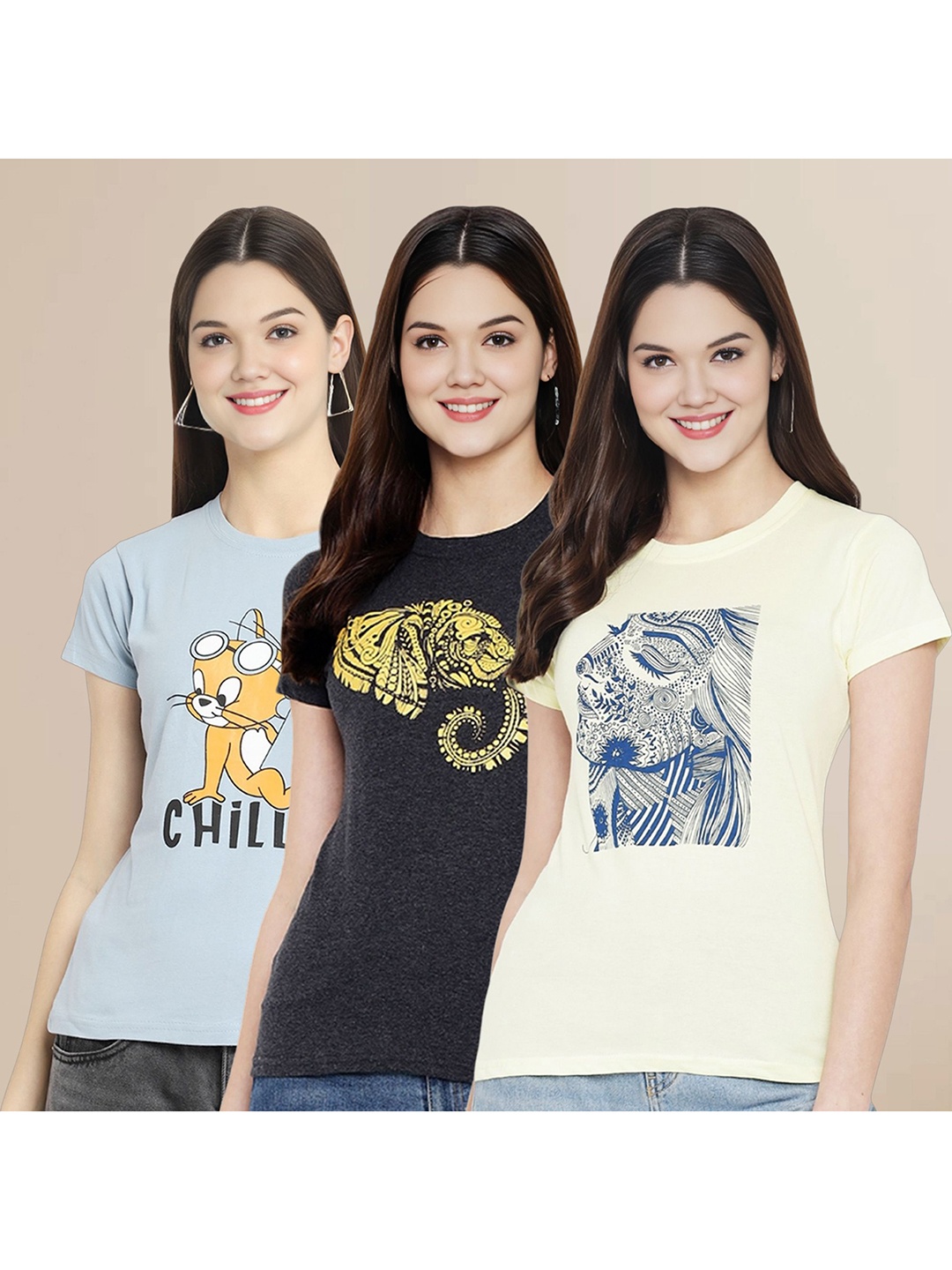 

Metronaut Women Pack Of 3 Graphic Printed Round Neck Cotton Tom & Jerry T-shirts, Blue