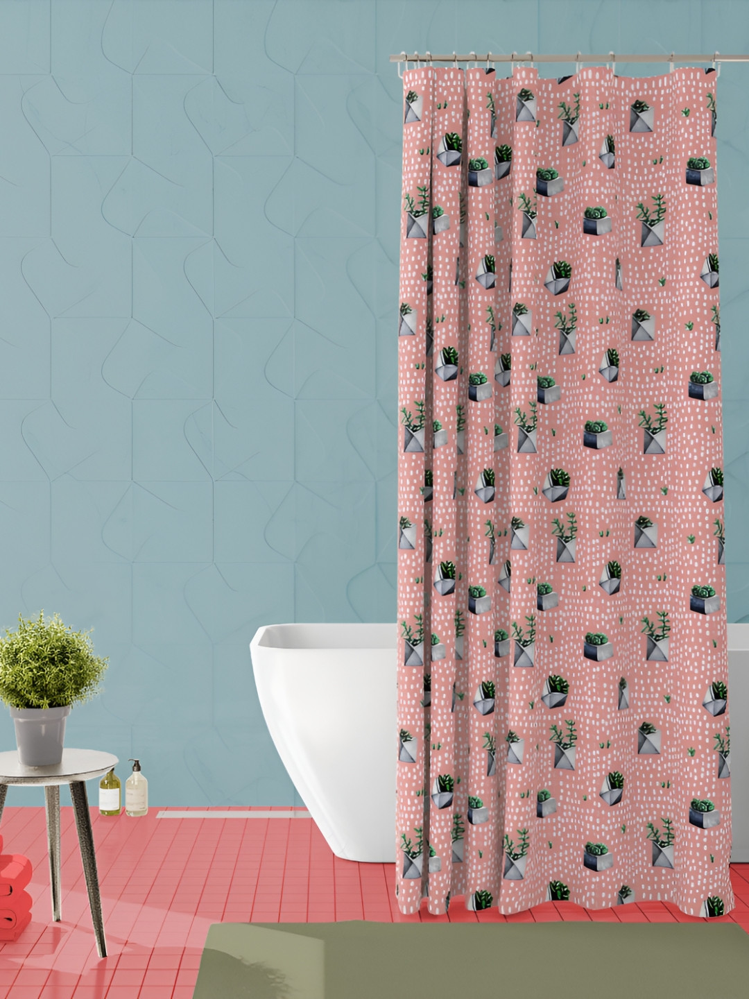 

ArtzFolio Peach & Green Waterproof Shower Curtain
