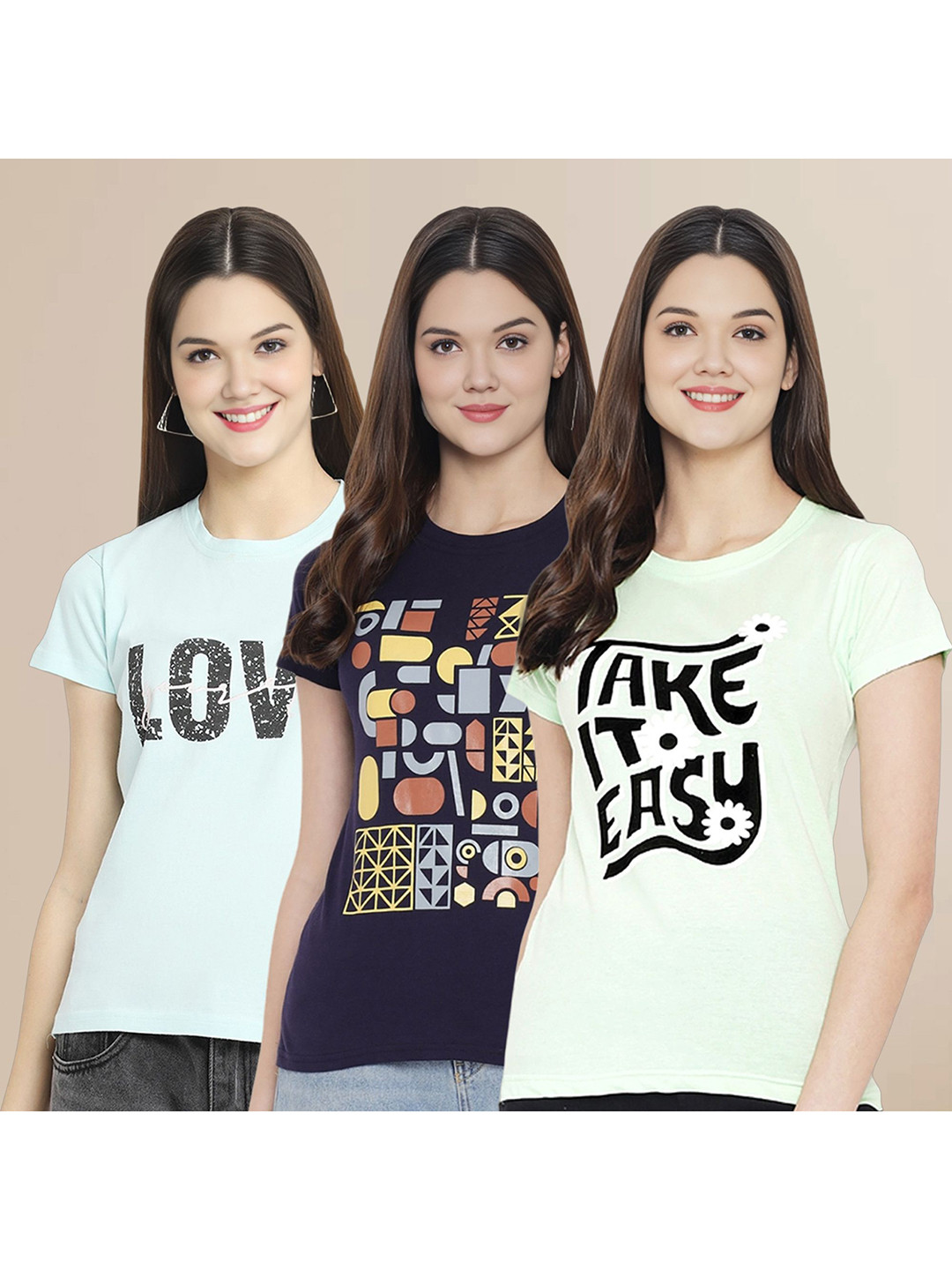 

Metronaut Women Pack Of 3 Typography Printed Round Neck Cotton T-shirts, Off white