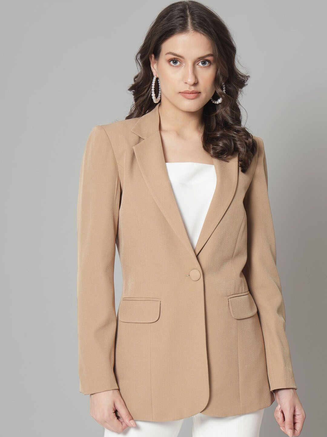 

PowerSutra Notched Lapel Single Breasted Blazer, Beige