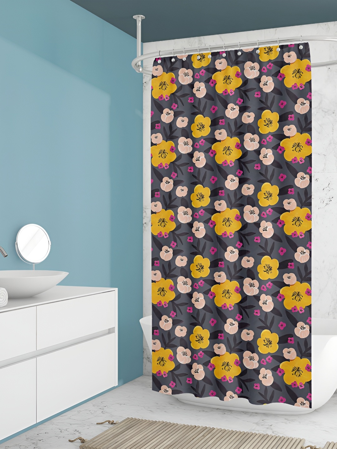 

ArtzFolio Grey & Yellow Floral Printed Waterproof Shower Curtain
