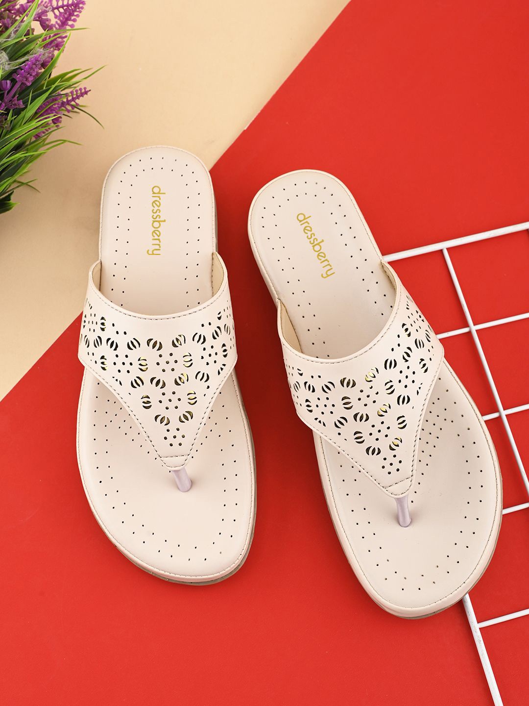 

DressBerry Women Embellished Open Toe Flats with Laser Cuts, Cream