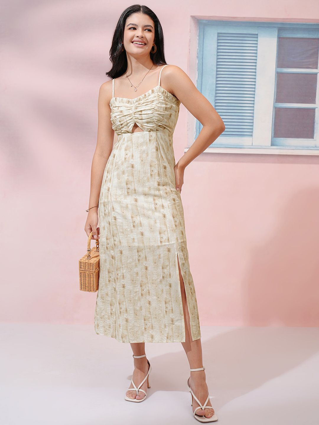 

Tokyo Talkies Women Self Design Midi Dress, Beige