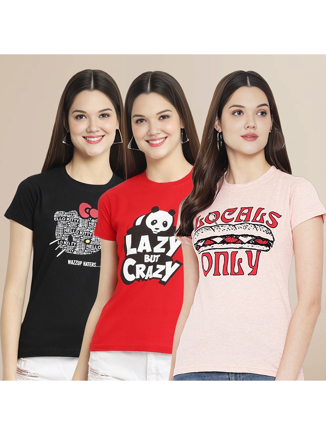 

Metronaut Women Pack Of 3 Typography Printed Round Neck Cotton T-shirts, Black