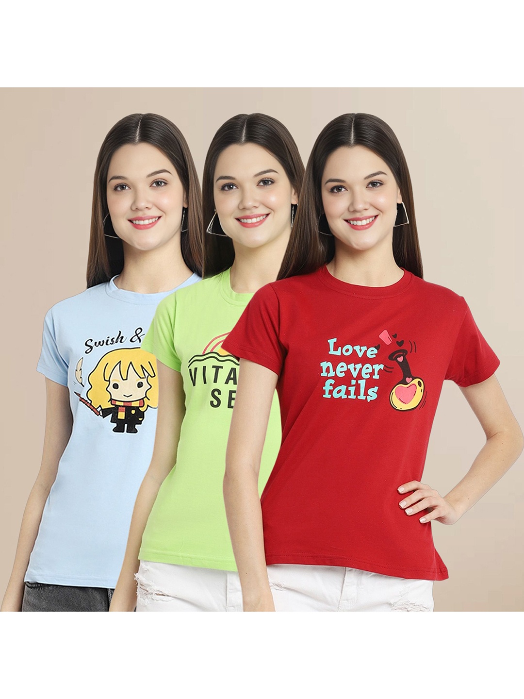 

Metronaut Women Pack Of 3 Typography Printed Round Neck Cotton T-shirts, Blue