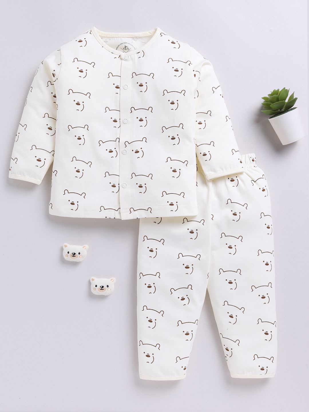 

Clt.s Kids Graphic Printed Pure Cotton Long Sleeve Night suit, Cream