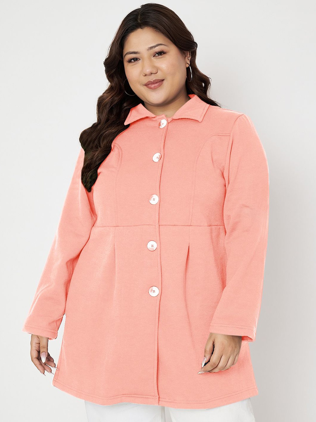 

BRINNS Plus Size Spread Collar Single Breasted Hip Length Overcoat, Pink