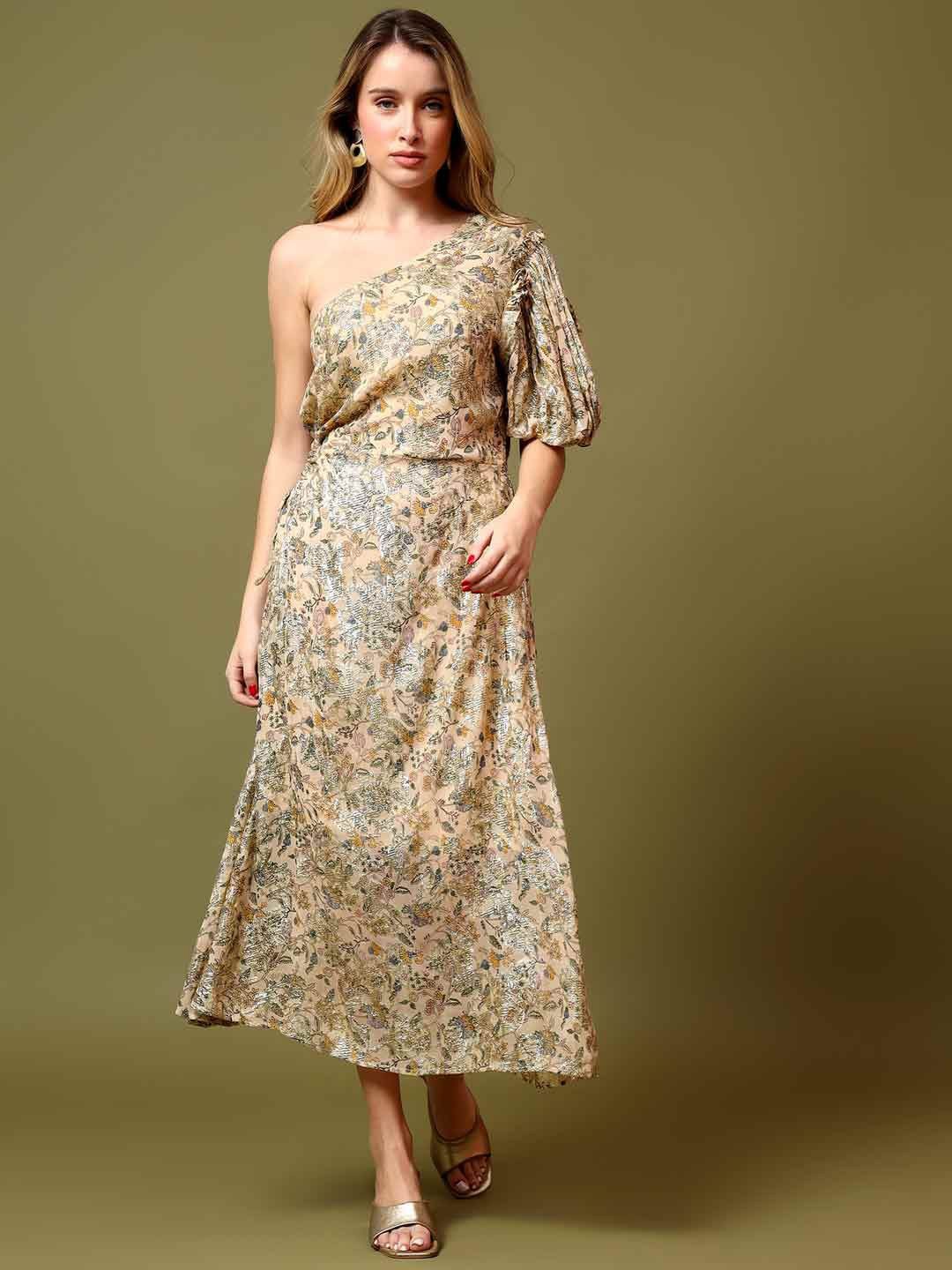 

Saint G Women Floral Print One-Shoulder A-Line Midi Dress, Beige