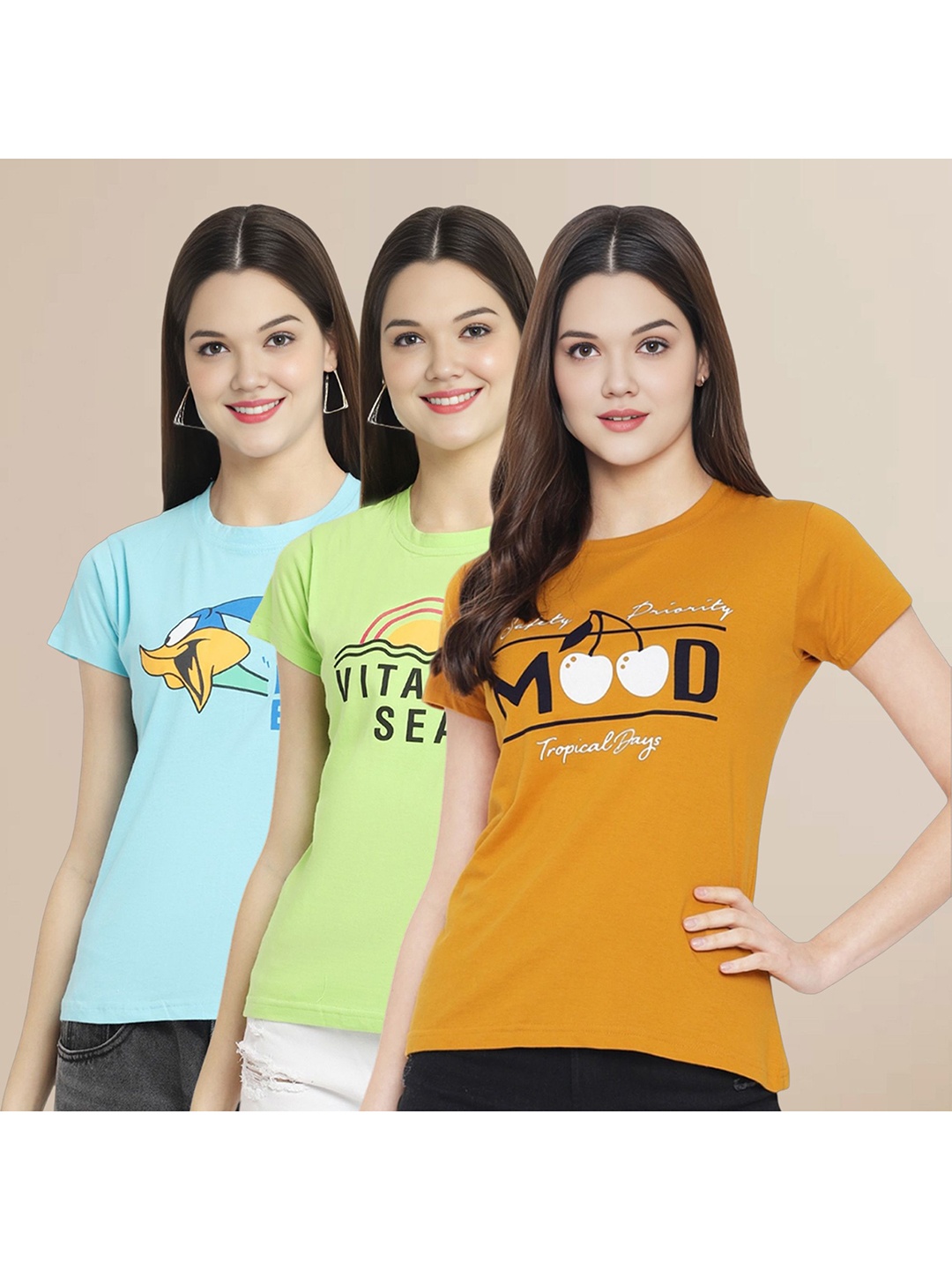 

Metronaut Women Pack Of 3 Graphic Printed Round Neck Cotton Looney Tunes T-shirts, Blue