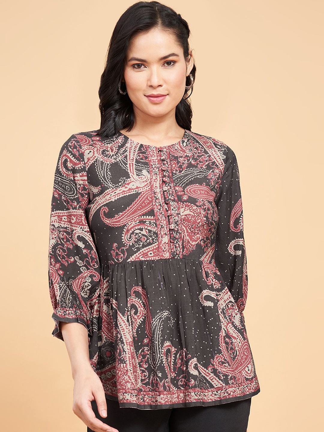 

Marigold Lane Women Ethnic Motifs Printed Peplum Top, Black
