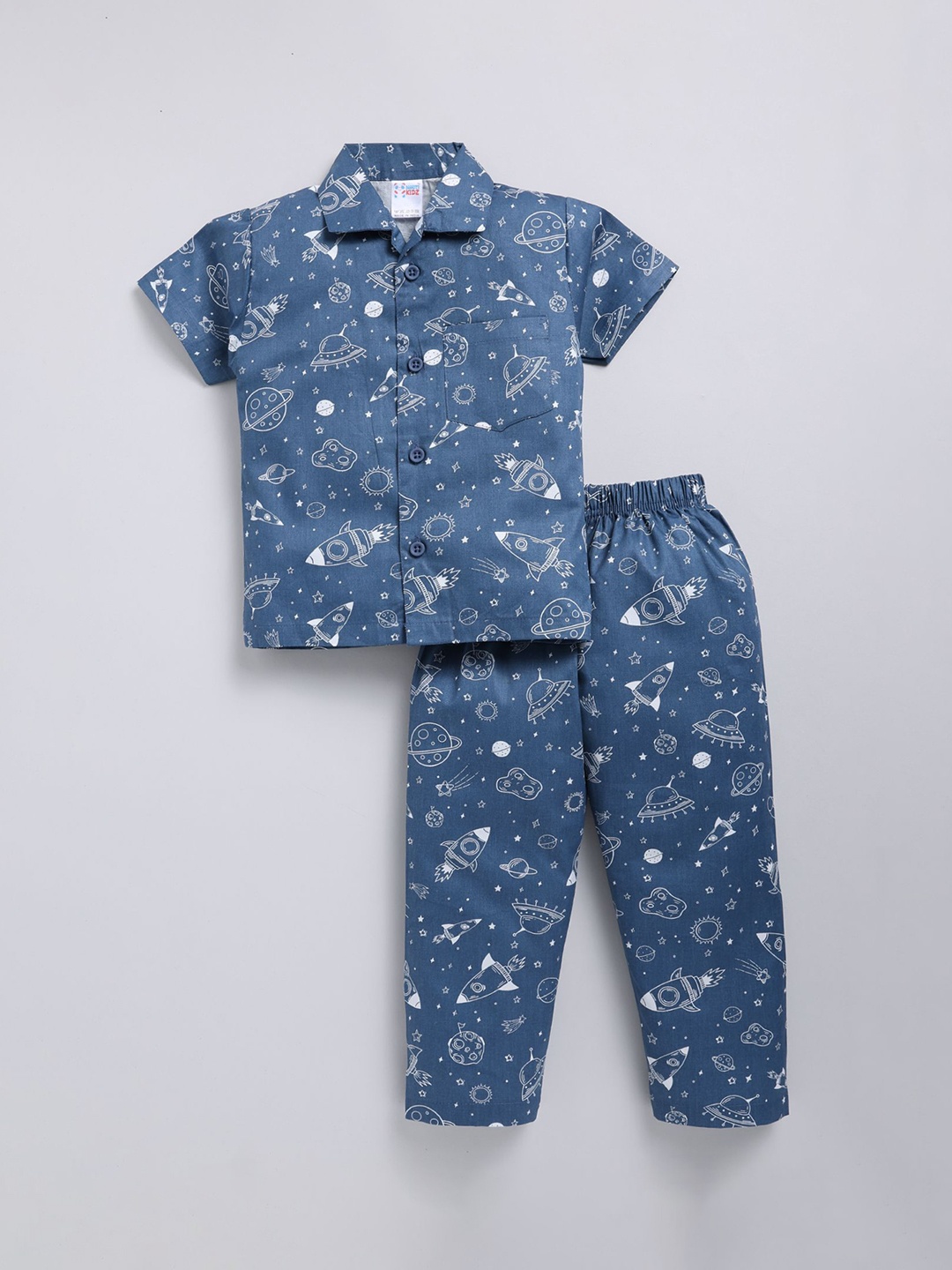 

NAUTI KIDZ Boys Printed Pure Cotton Shirt Collar Night suit, Blue