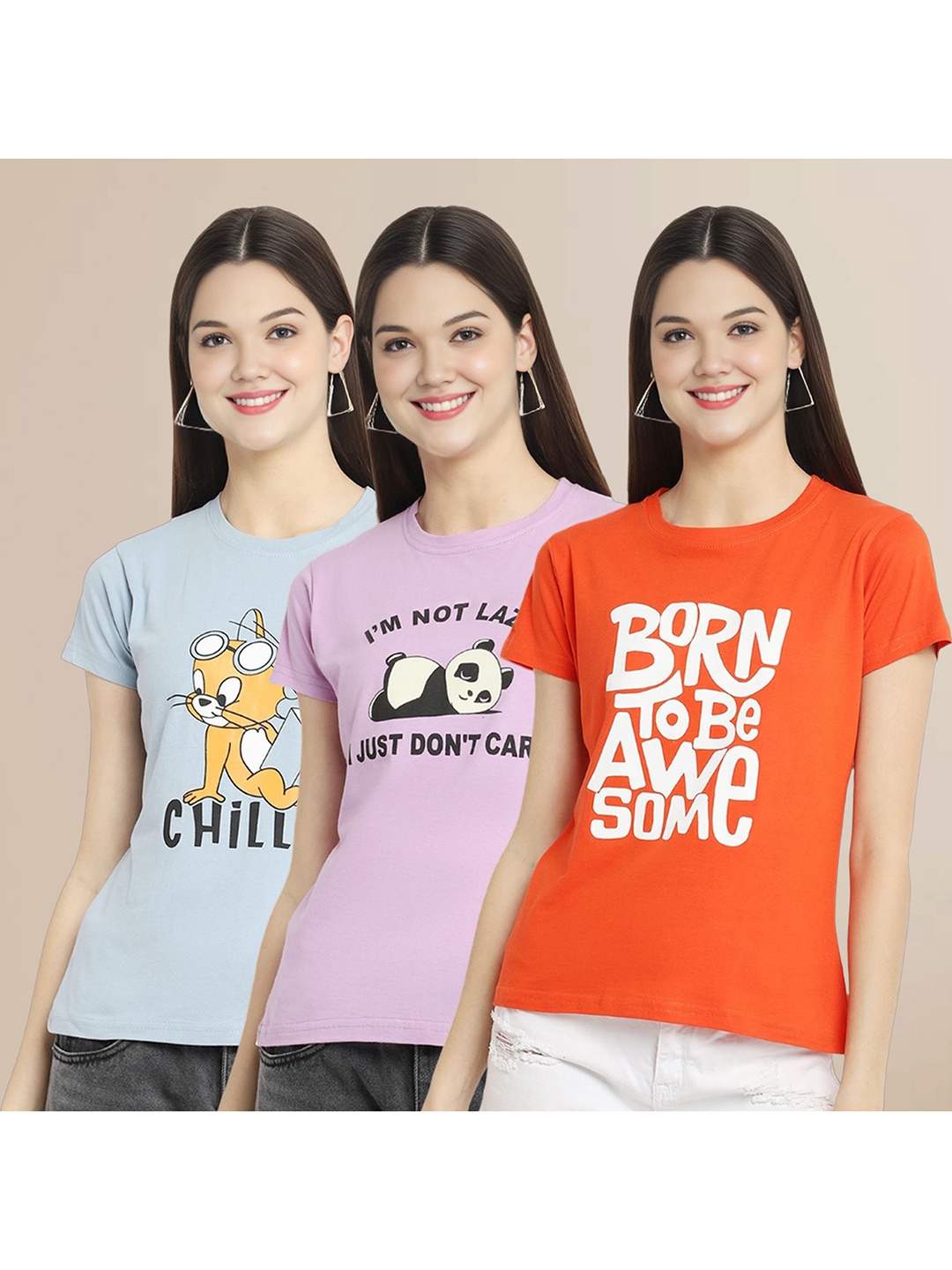 

Metronaut Women Pack Of 3 Graphic Printed Round Neck Cotton Tom & Jerry T-shirts, Blue