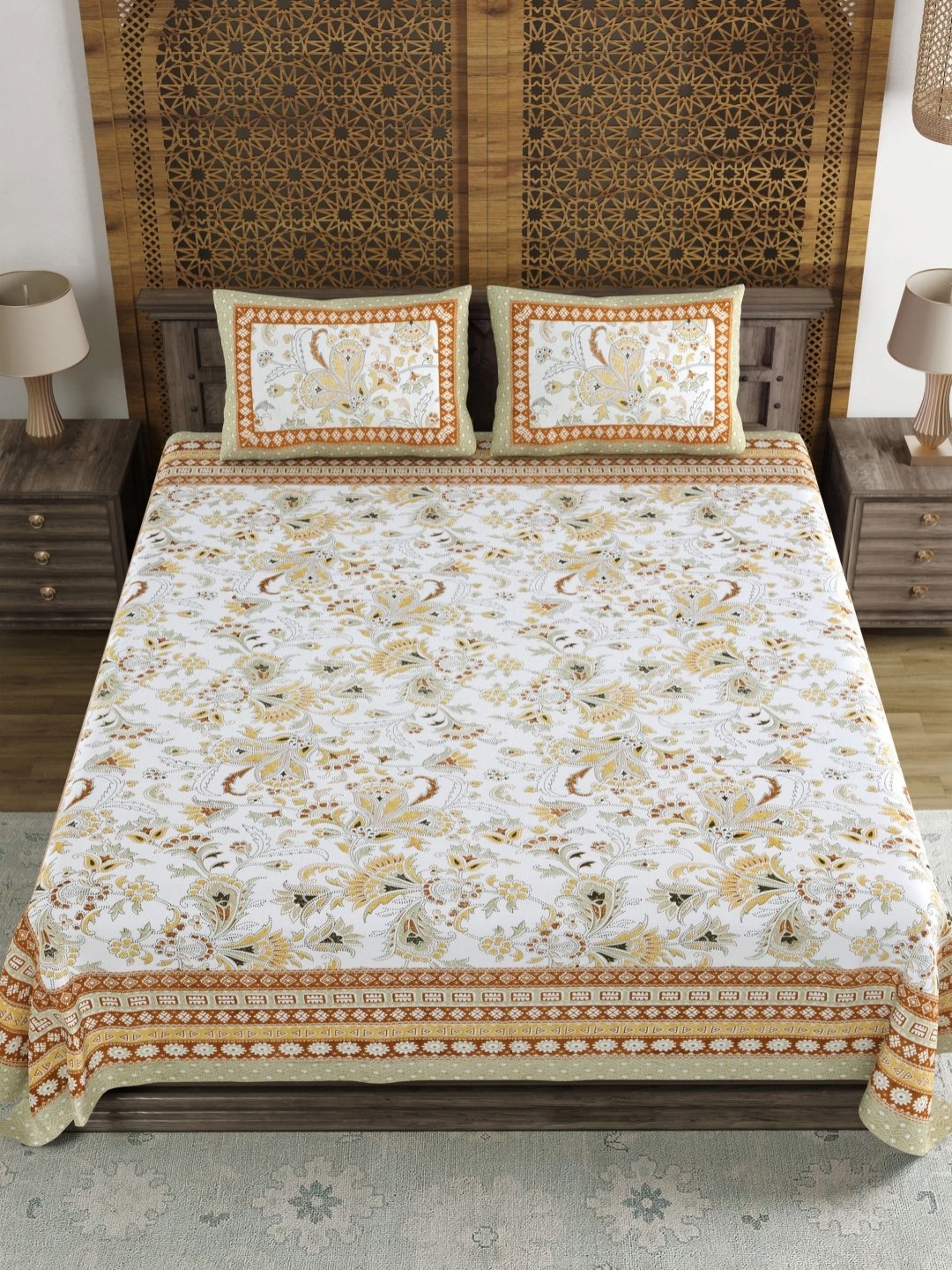 

BLOCKS OF INDIA Brown & White Ethnic Motifs 120 TC King Bedsheet Set 2.18 m x 2.64 m